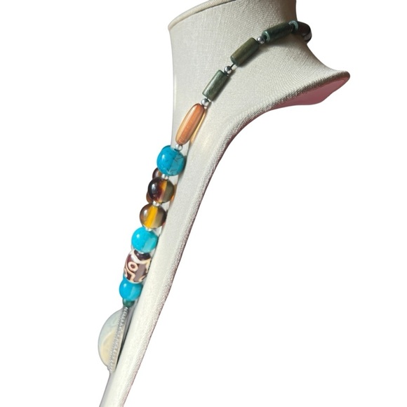 Statement Blue and Brown Beaded Necklace Wood Beads - Picture 2 of 10